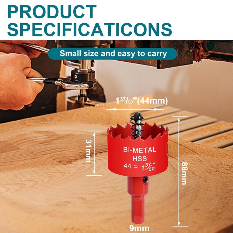 Allwin 1-3/4 Inch / 44mm Hole Saw for Wood, Plastic Board, Ceiling,Drywall, and Metal Sheet - HSS Bi-Metal Hole Cutter with Pilot Drill Bit - Image 2
